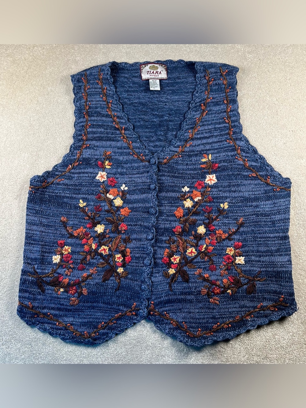 Vintage Sweater Vest Embroidered Blue Fall Floral Tiara Women's 18/20